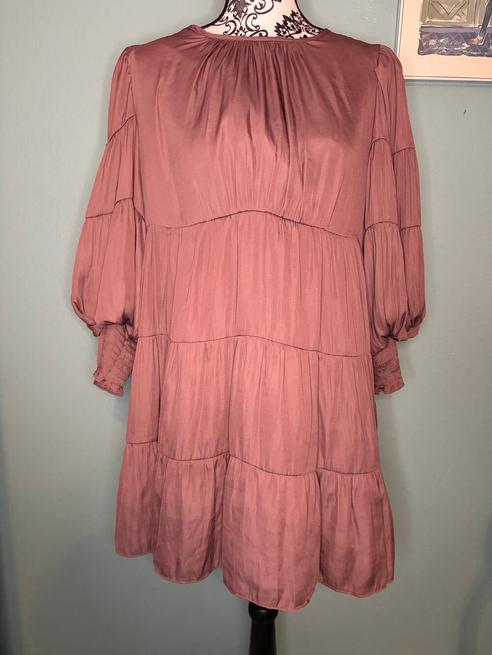 Mustard Seed Women’s L Mauve Tiered Mini Dress Balloon Sleeve Boho Romantic